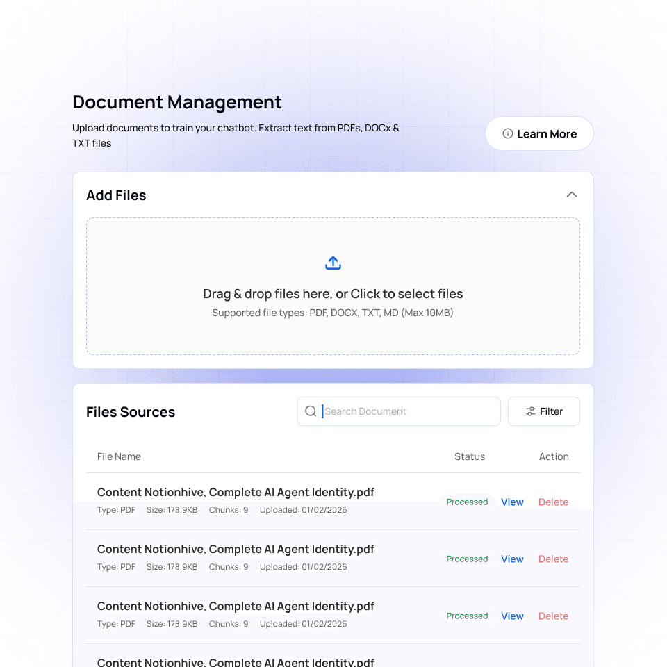 Upload Your Knowledge Upload FAQs, documents, or URLs. Your AI learns your business in minutes.